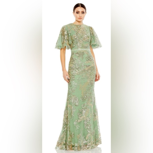 Mac Duggal 20438 NWT Embellished Flutter Sleeve High Neck Gown - Picture 1 of 9